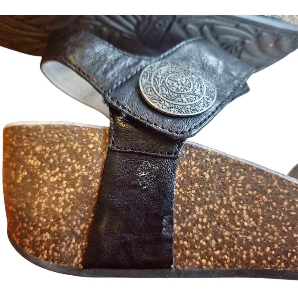 ABEO‎ B.I.O.Systems UNA Black Comfort Leather Boho Wedge Cork Sandals 9N Narrow